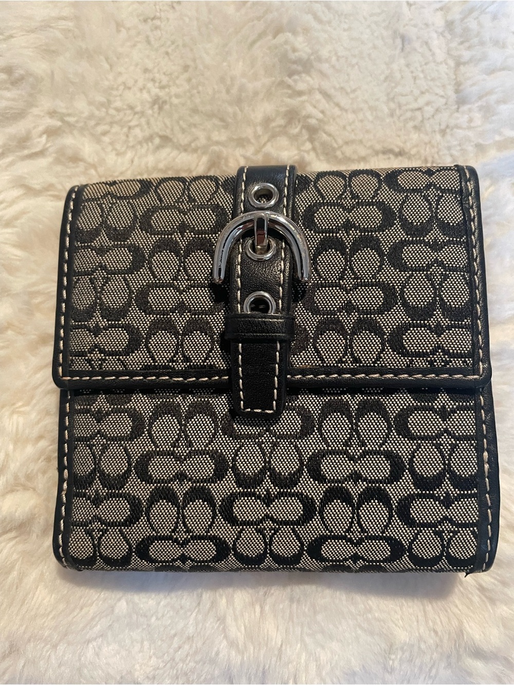 Coach Vintage Black Signature Canvas Wallet with Silver Buckle Accent